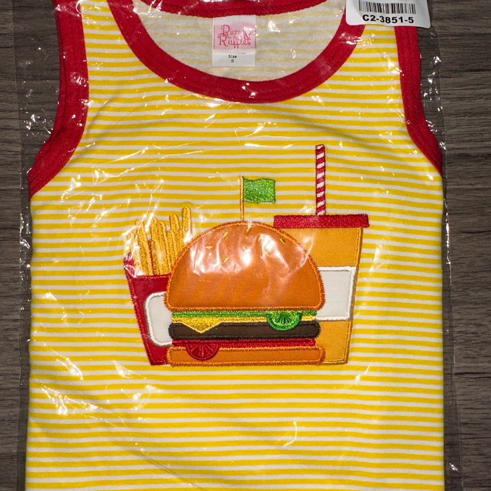 Yellow Striped Kids Tank Top with Burger Design